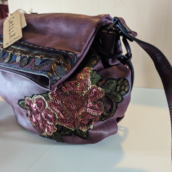 OVERSIZED Le Miel Chill X Vegan Bag Satchel w/Strap&Sequin - Burgandy - Picture 4 of 6